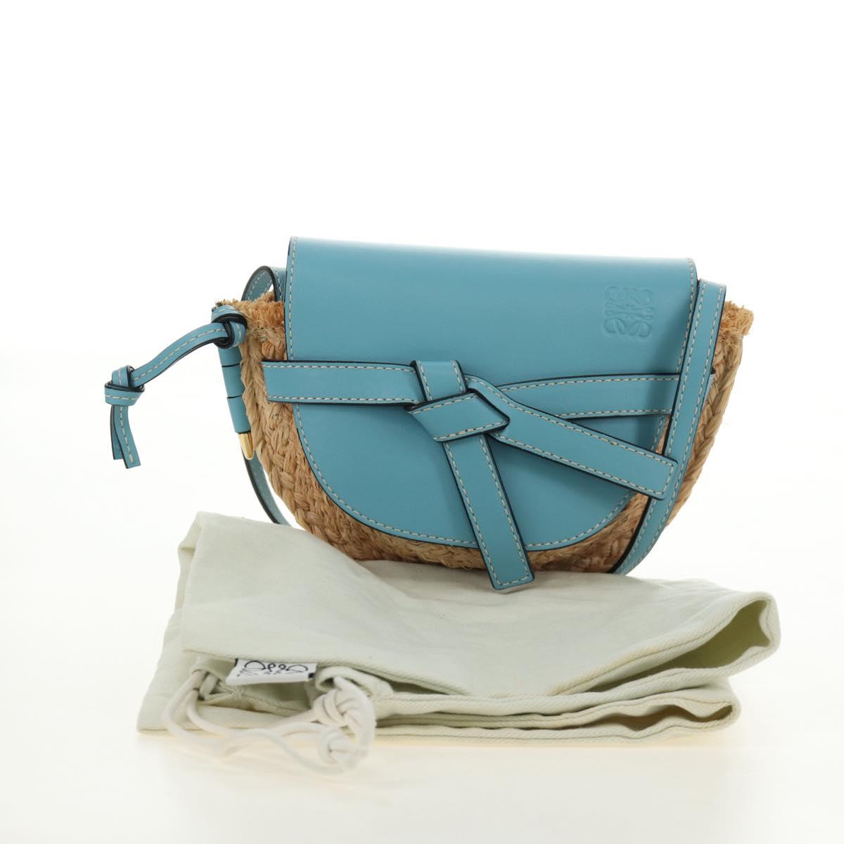 LOEWE Gate Bag Shoulder Bag Raffia Light Blue Gold Auth 190481M