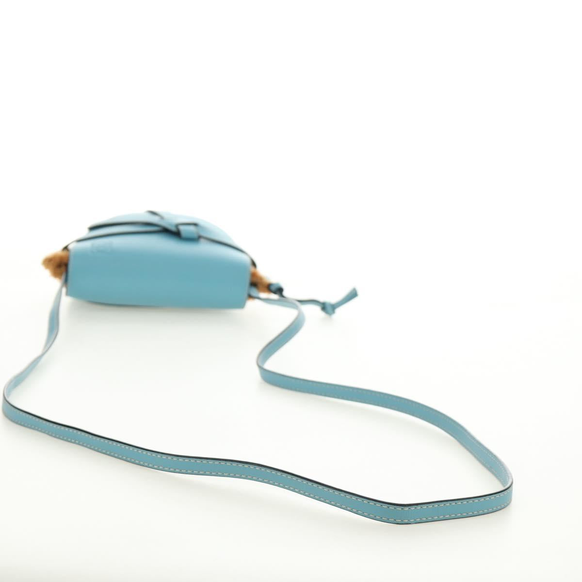 LOEWE Gate Bag Shoulder Bag Raffia Light Blue Gold Auth 190481M