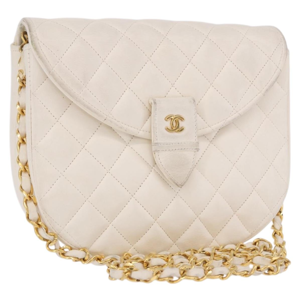 CHANEL Matelasse Chain Shoulder Bag Lamb Skin White Gold CC Auth 190491