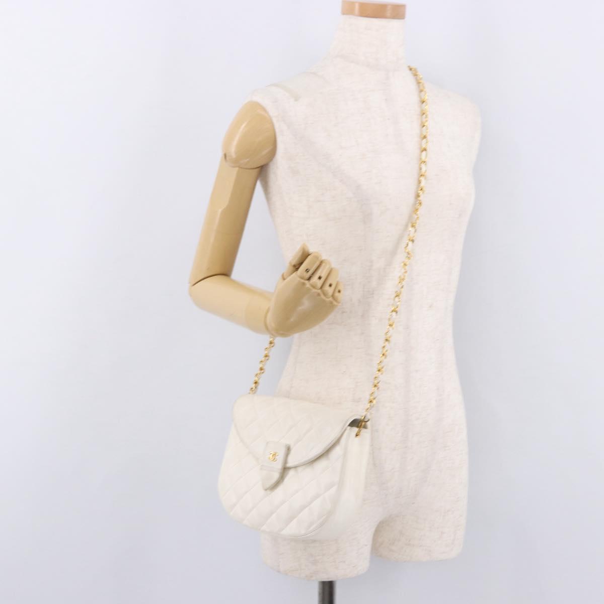 CHANEL Matelasse Chain Shoulder Bag Lamb Skin White Gold CC Auth 190491