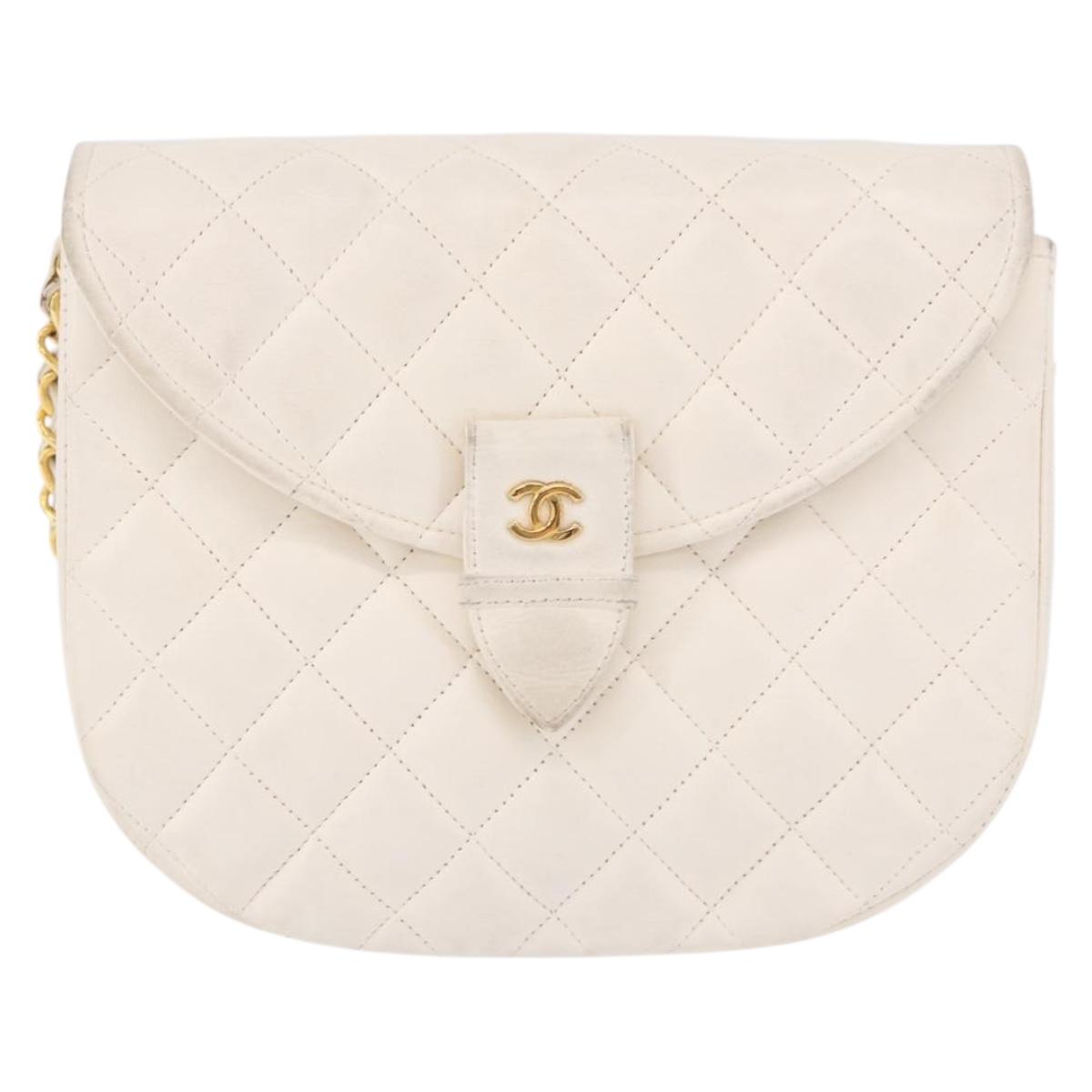 CHANEL Matelasse Chain Shoulder Bag Lamb Skin White Gold CC Auth 190491