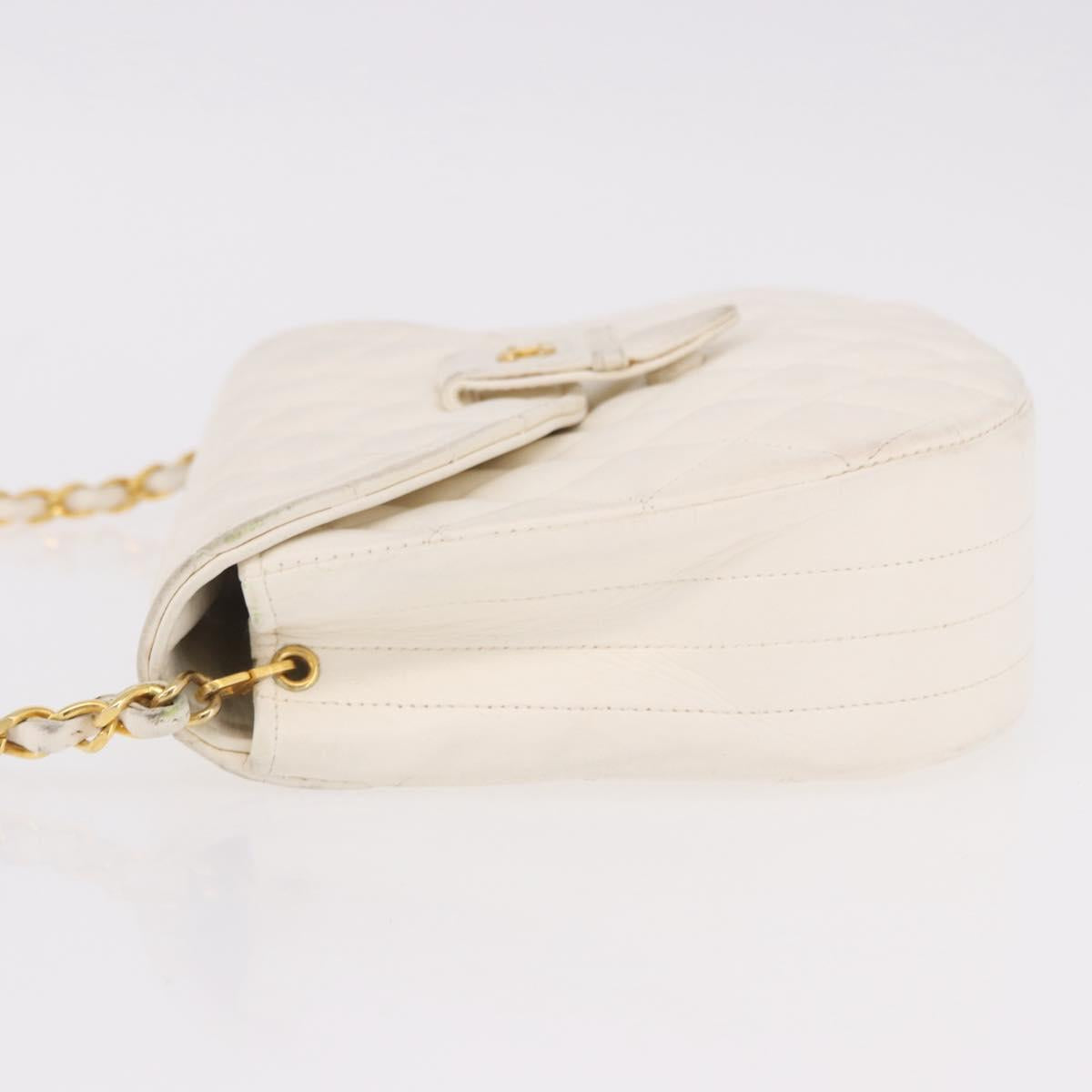 CHANEL Matelasse Chain Shoulder Bag Lamb Skin White Gold CC Auth 190491