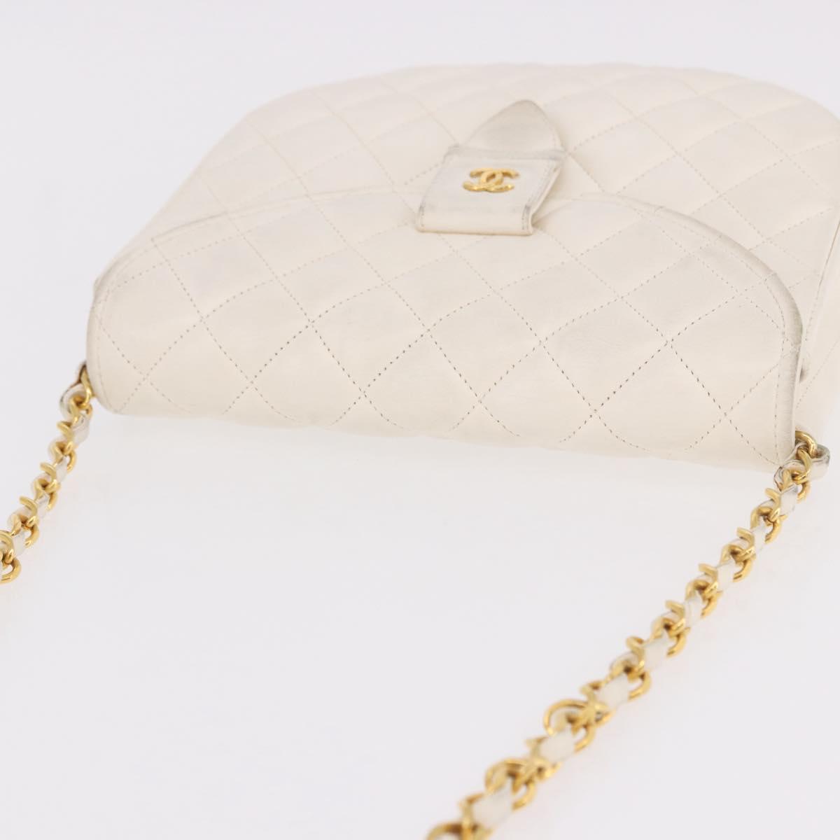 CHANEL Matelasse Chain Shoulder Bag Lamb Skin White Gold CC Auth 190491