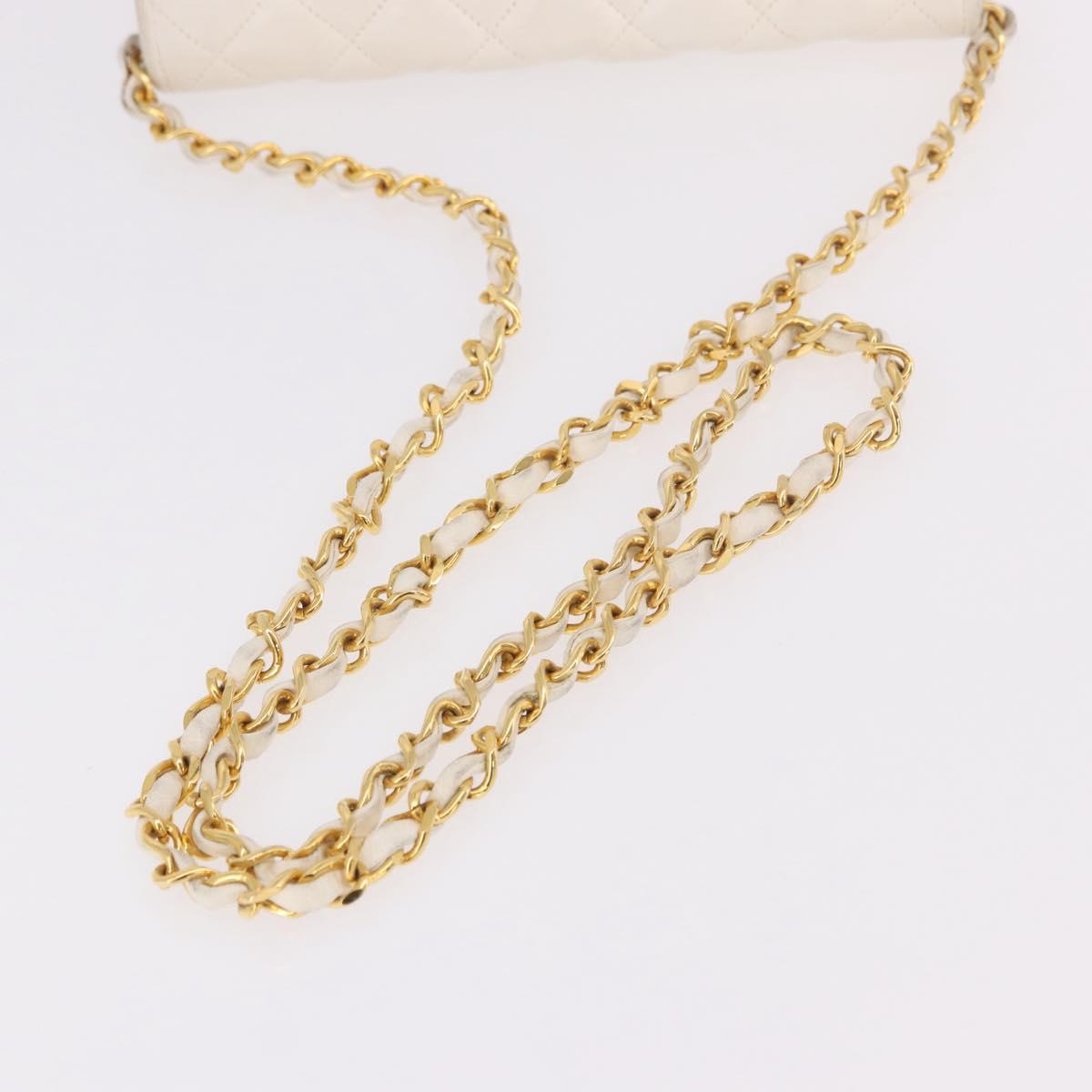 CHANEL Matelasse Chain Shoulder Bag Lamb Skin White Gold CC Auth 190491