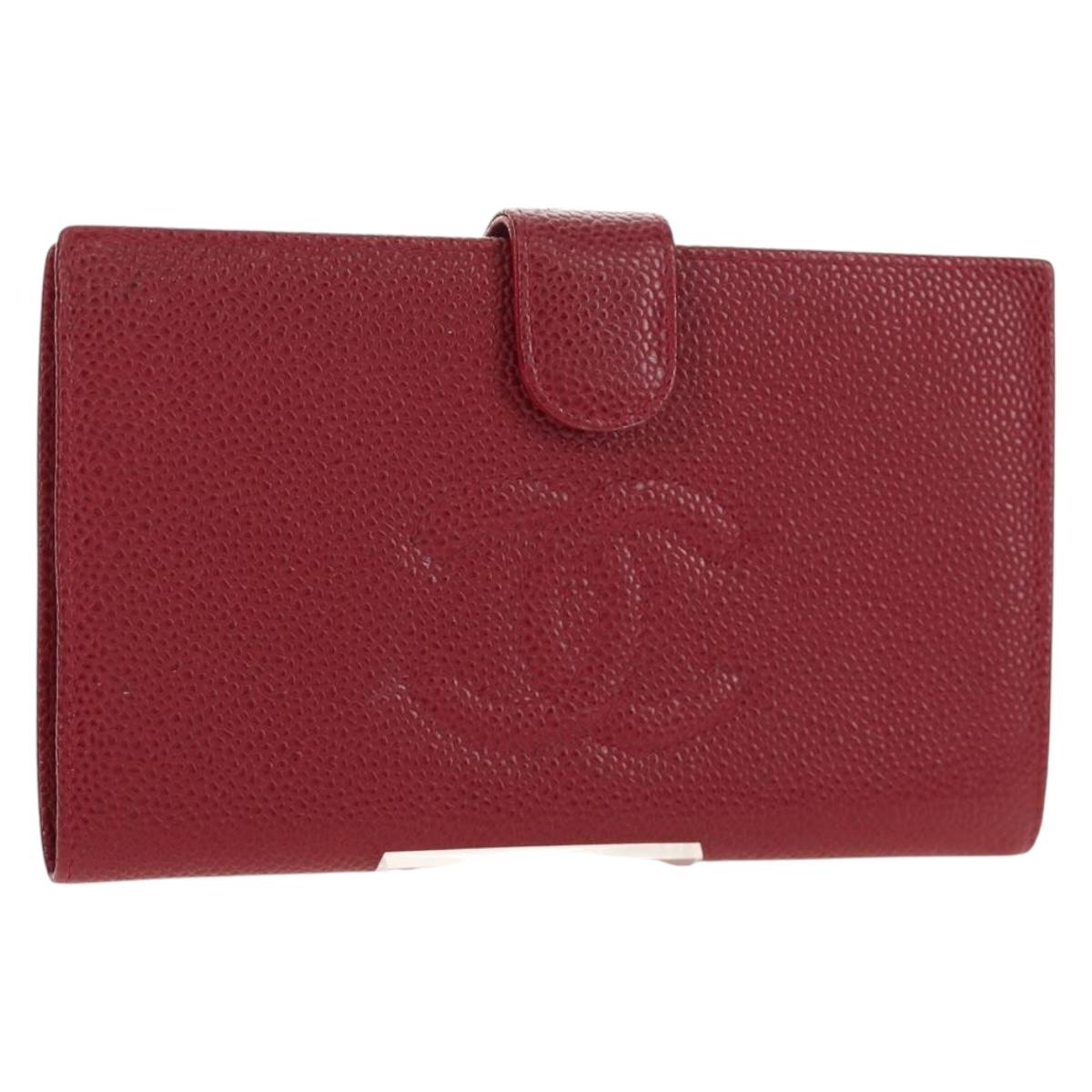 CHANEL COCO Mark Long Wallet Caviar Skin Red Gold CC Auth 190496M