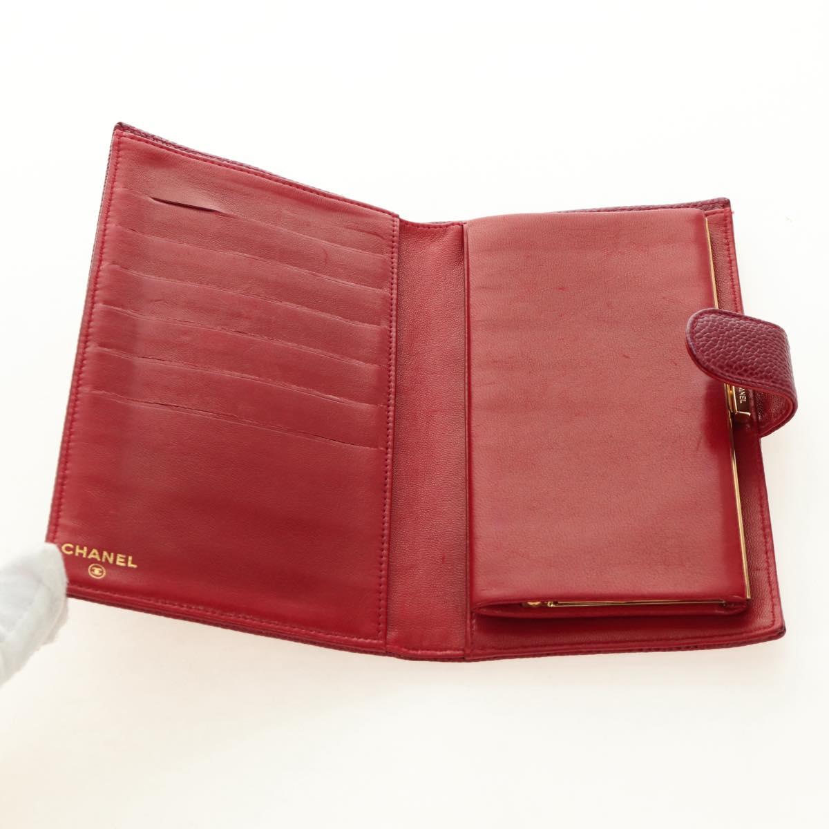 CHANEL COCO Mark Long Wallet Caviar Skin Red Gold CC Auth 190496M
