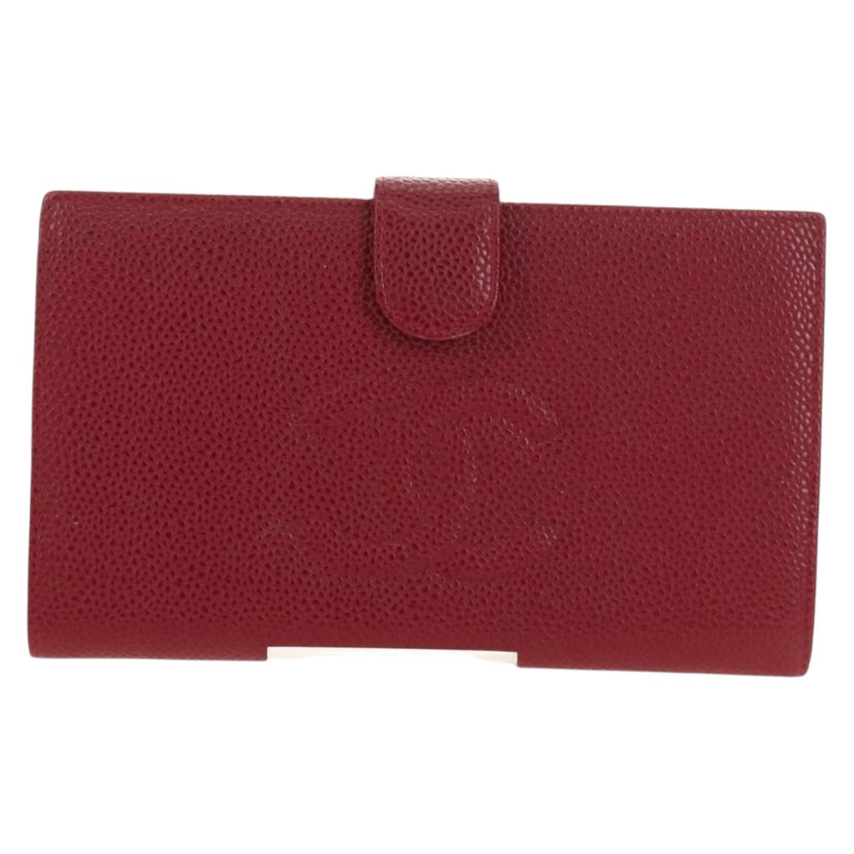 CHANEL COCO Mark Long Wallet Caviar Skin Red Gold CC Auth 190496M
