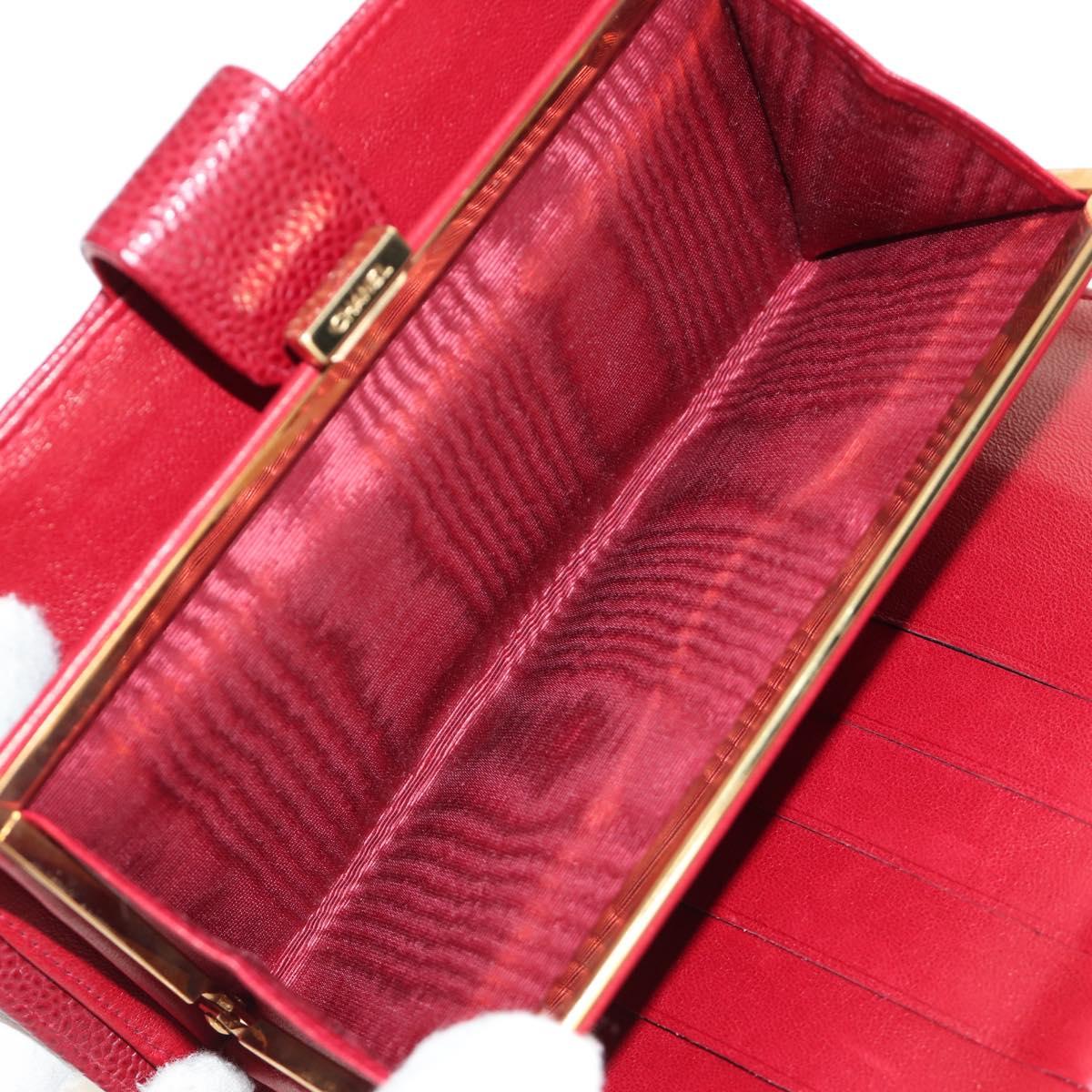 CHANEL COCO Mark Long Wallet Caviar Skin Red Gold CC Auth 190496M