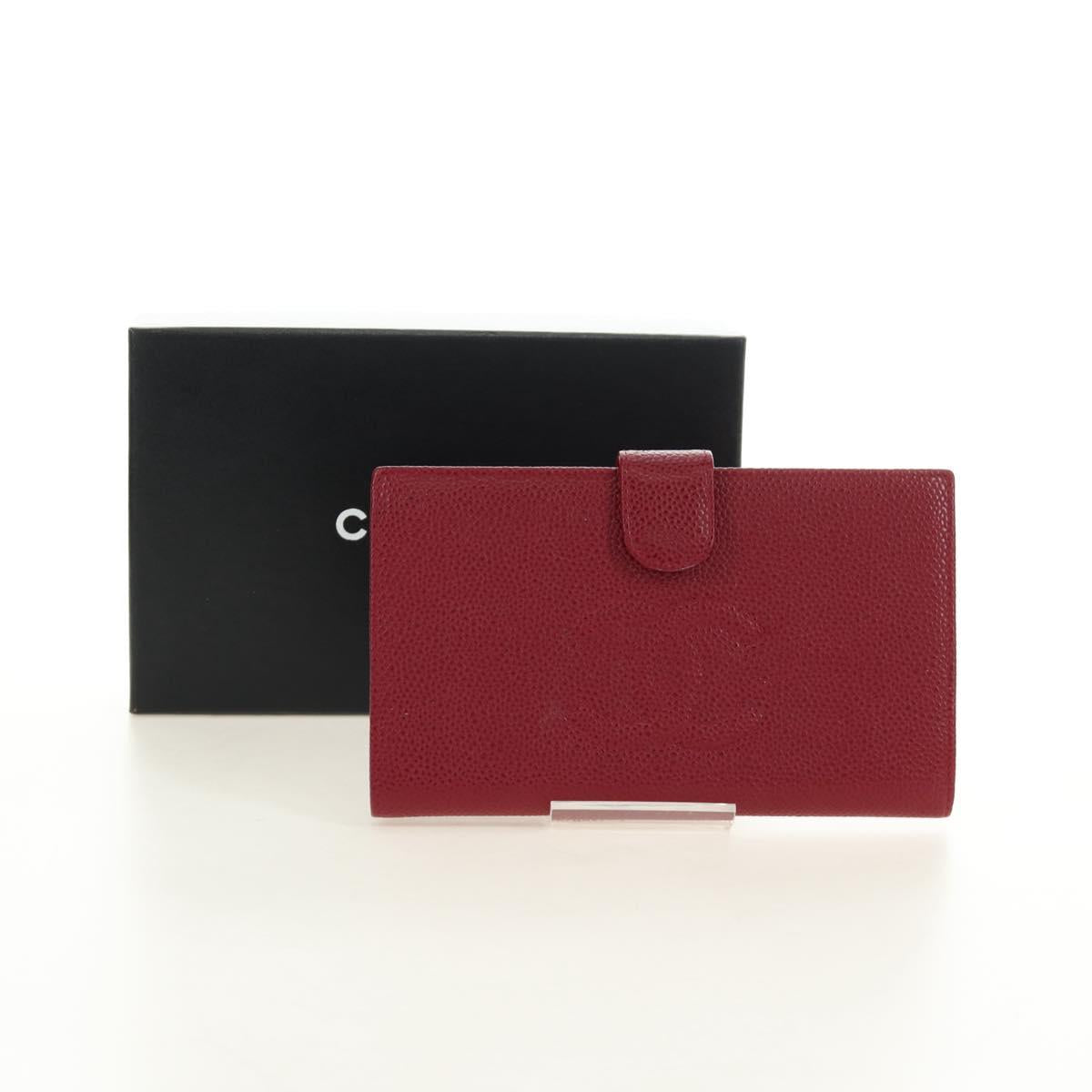 CHANEL COCO Mark Long Wallet Caviar Skin Red Gold CC Auth 190496M