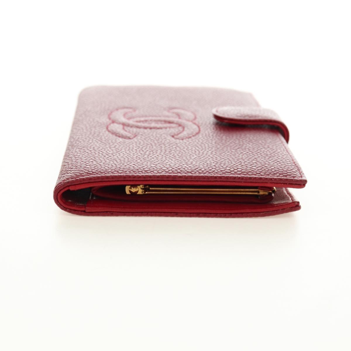 CHANEL COCO Mark Long Wallet Caviar Skin Red Gold CC Auth 190496M