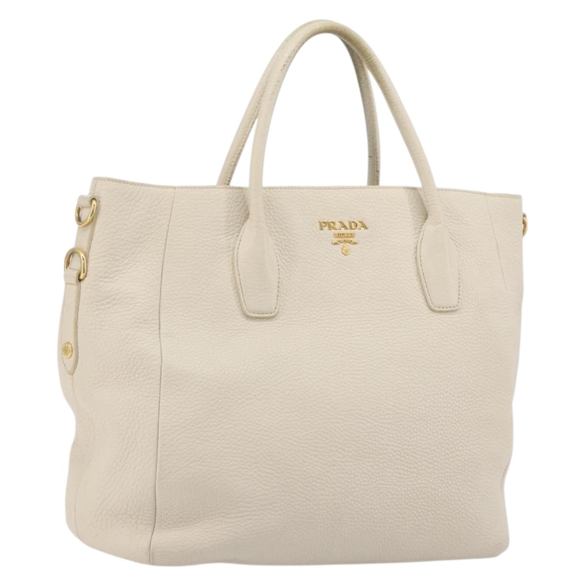 PRADA Hand Bag Vittero Dino Leather 2way White Gold Auth 190508A