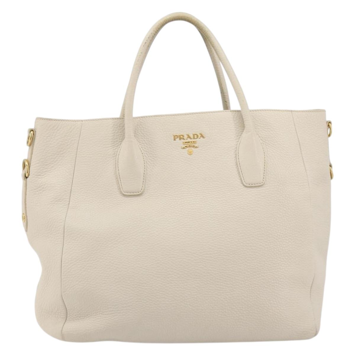 PRADA Hand Bag Vittero Dino Leather 2way White Gold Auth 190508A