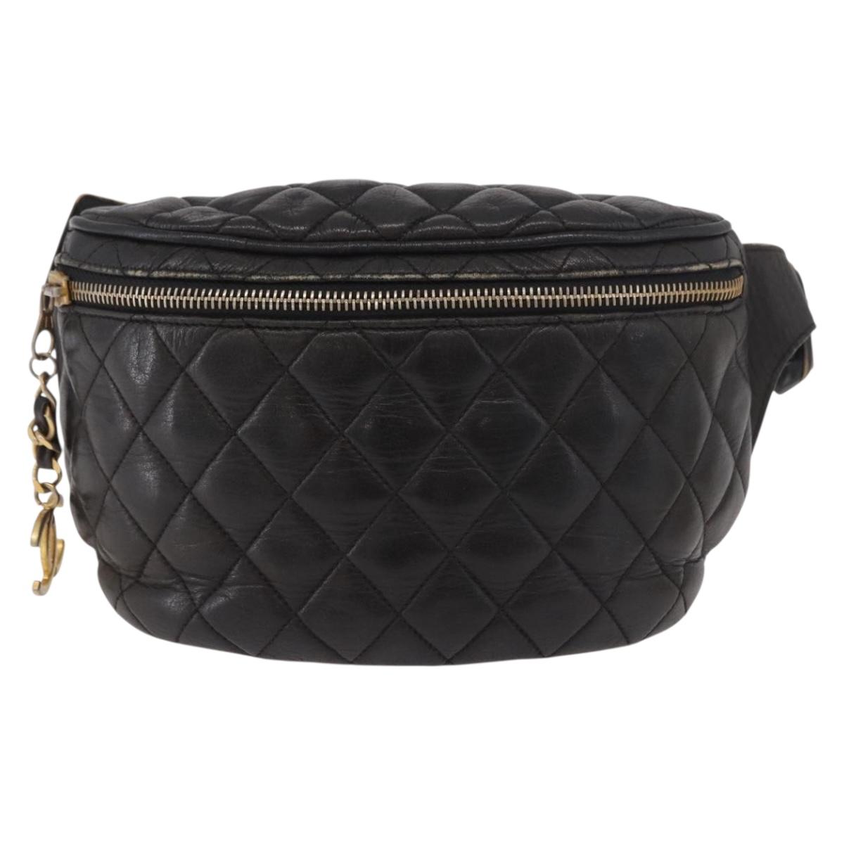 CHANEL Matelasse Body Bag Lamb Skin Black Gold CC Auth 190512