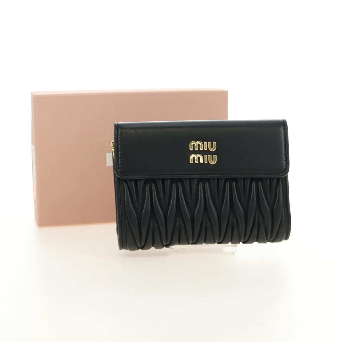 Miu Miu Matelasse Wallet Leather Black Gold Auth 190514M