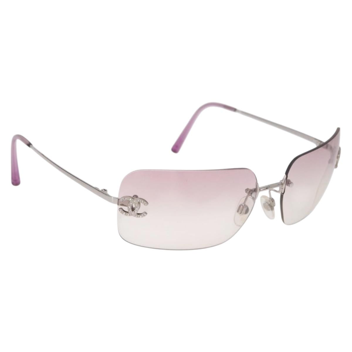 CHANEL COCO Mark Rimless Sunglasses Metal Purple Silver CC Auth 190524M