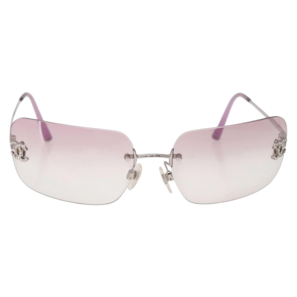 CHANEL COCO Mark Rimless Sunglasses Metal Purple Silver CC Auth 190524M