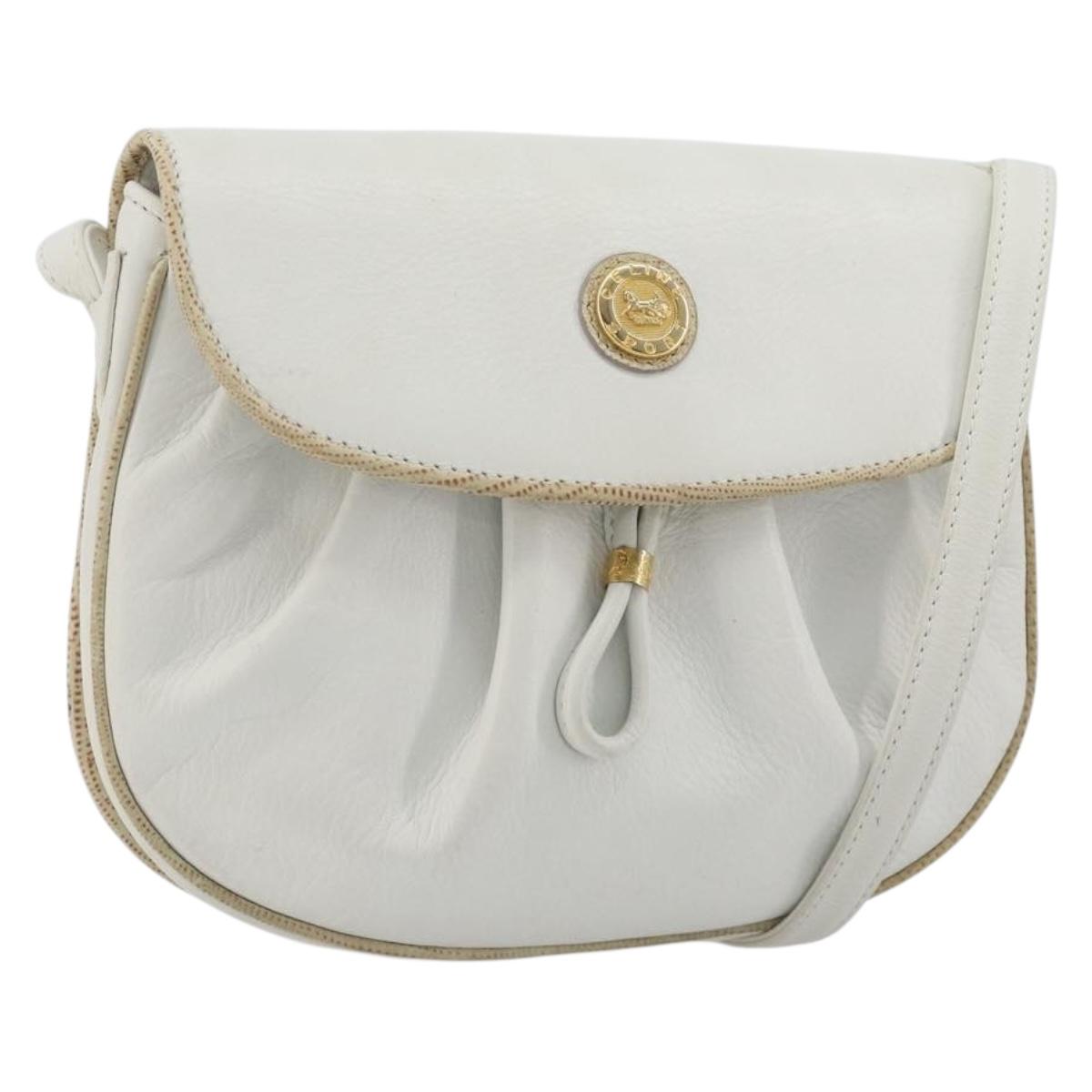 CELINE Horse Carriage Shoulder Bag Leather White Gold Auth 190525A