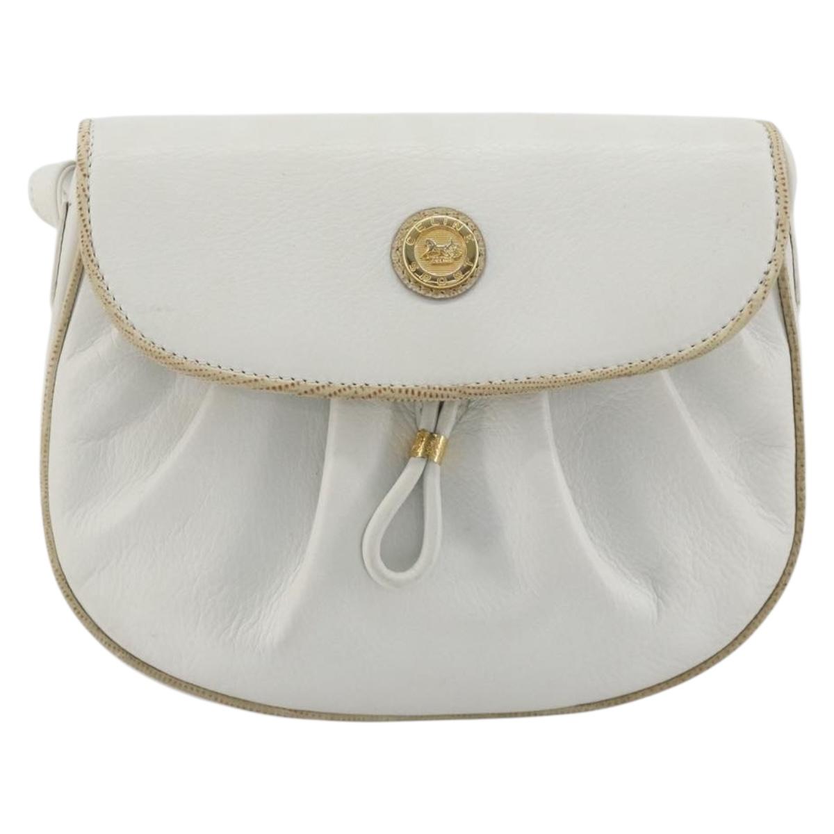 CELINE Horse Carriage Shoulder Bag Leather White Gold Auth 190525A