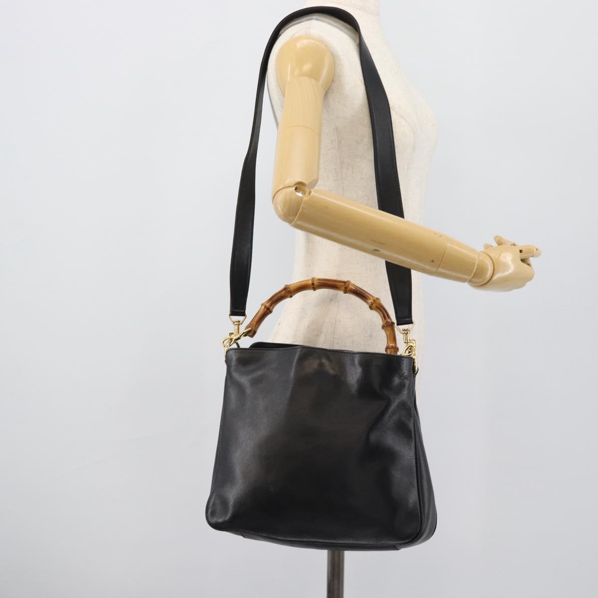 GUCCI Bamboo Hand Bag Leather 2way Black Gold 001 1705 Auth 190553