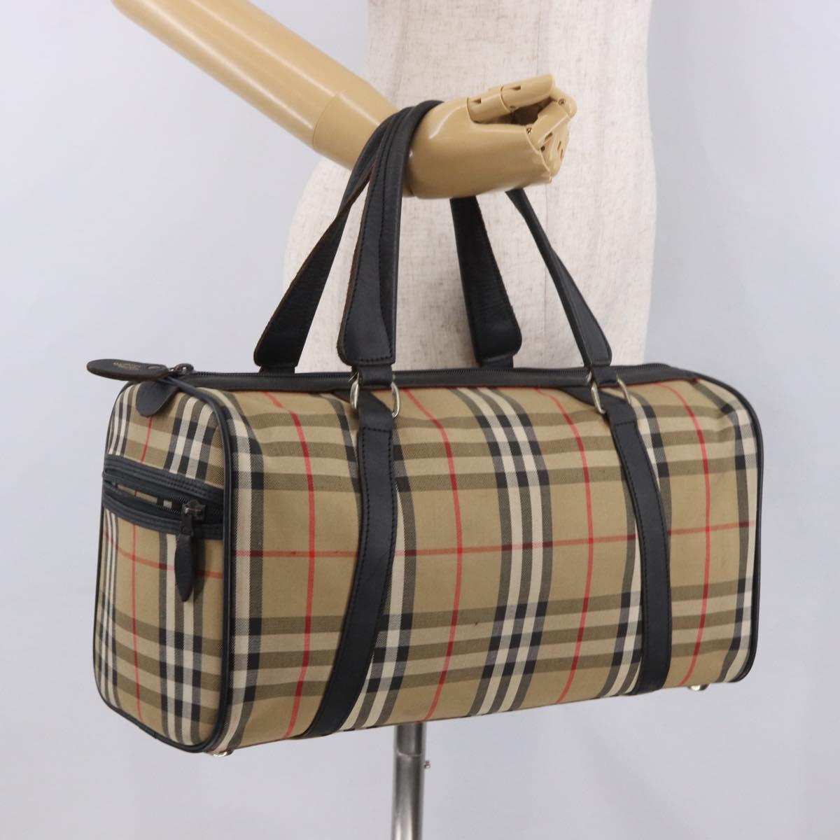 Burberrys Nova Check Boston Bag Canvas Beige Gold Auth 190561