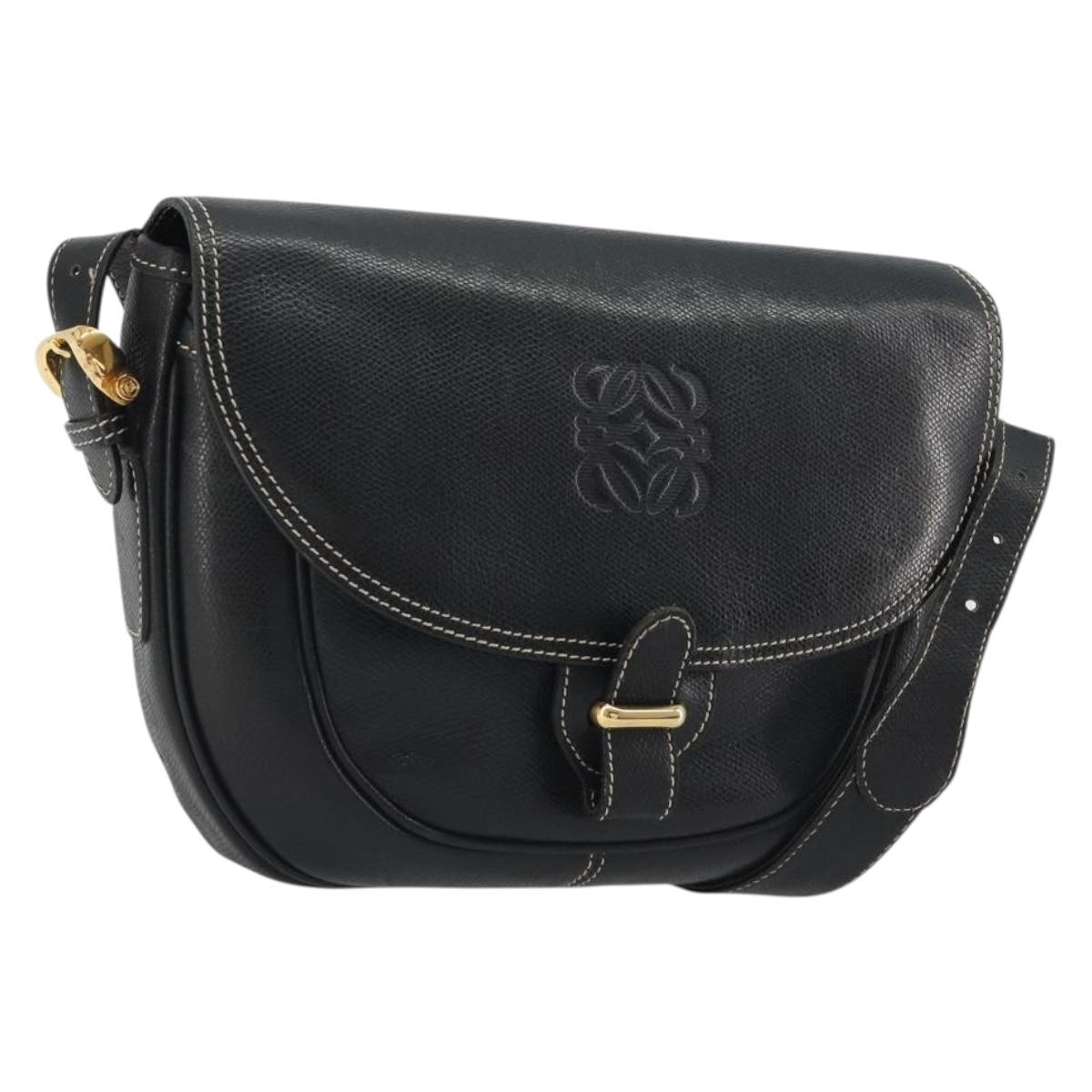 LOEWE Anagram Shoulder Bag Leather Black Gold Auth 190574