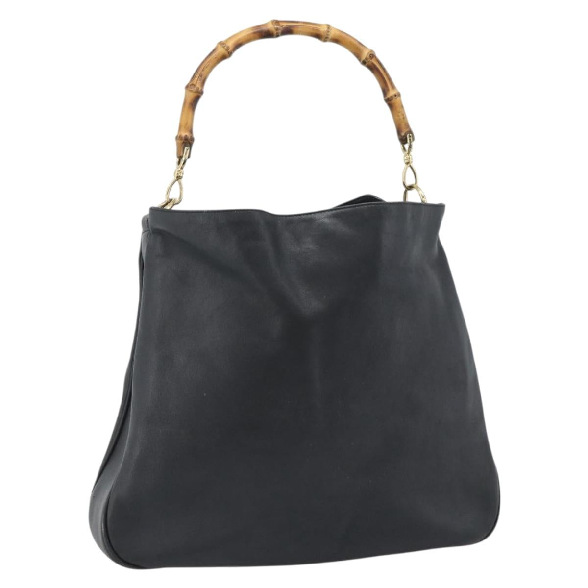 GUCCI Bamboo Hand Bag Leather Black Gold 001 1908 Auth 190578