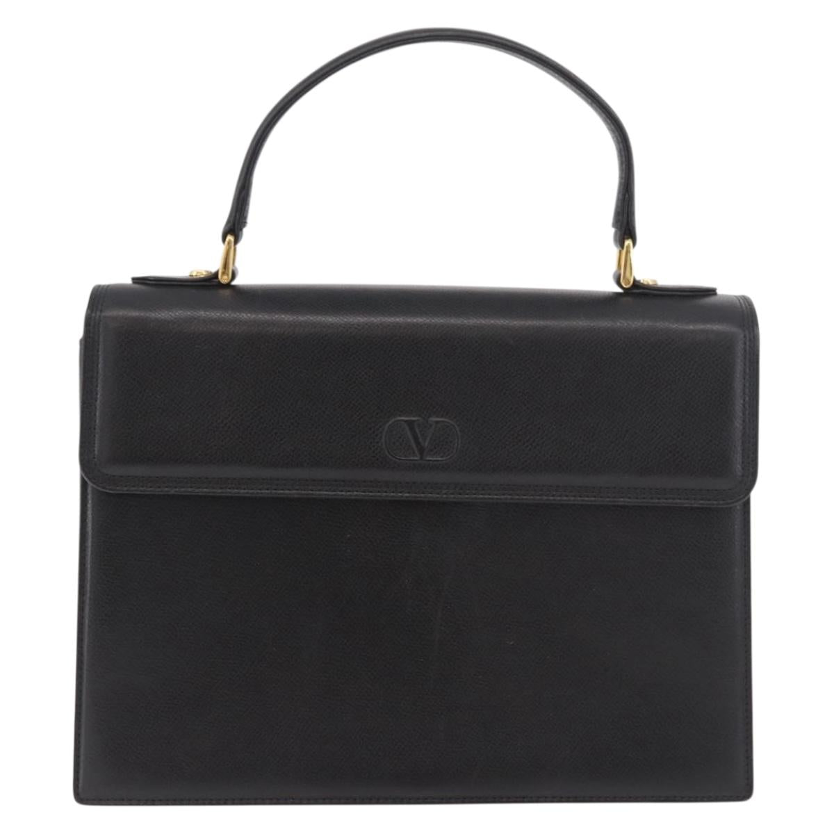 VALENTINO Hand Bag Leather Black Gold Auth 190581