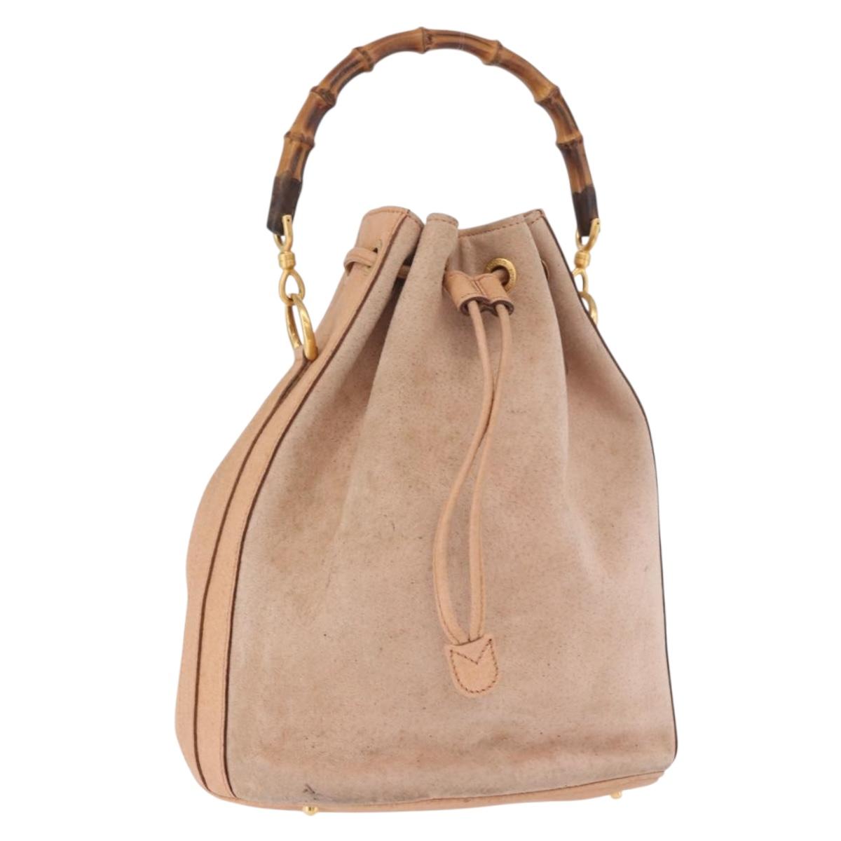 GUCCI Bamboo Hand Bag Suede Beige Gold 001 2865 Auth 190592