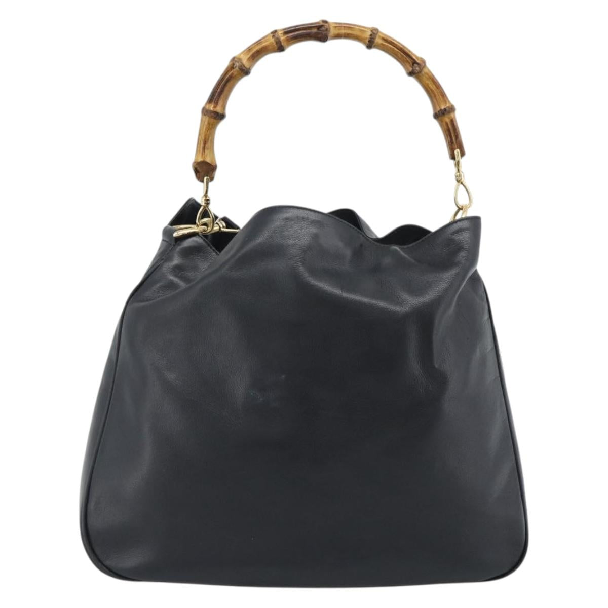 GUCCI Bamboo Hand Bag Leather 2way Black Gold 001 1998 Auth 190593