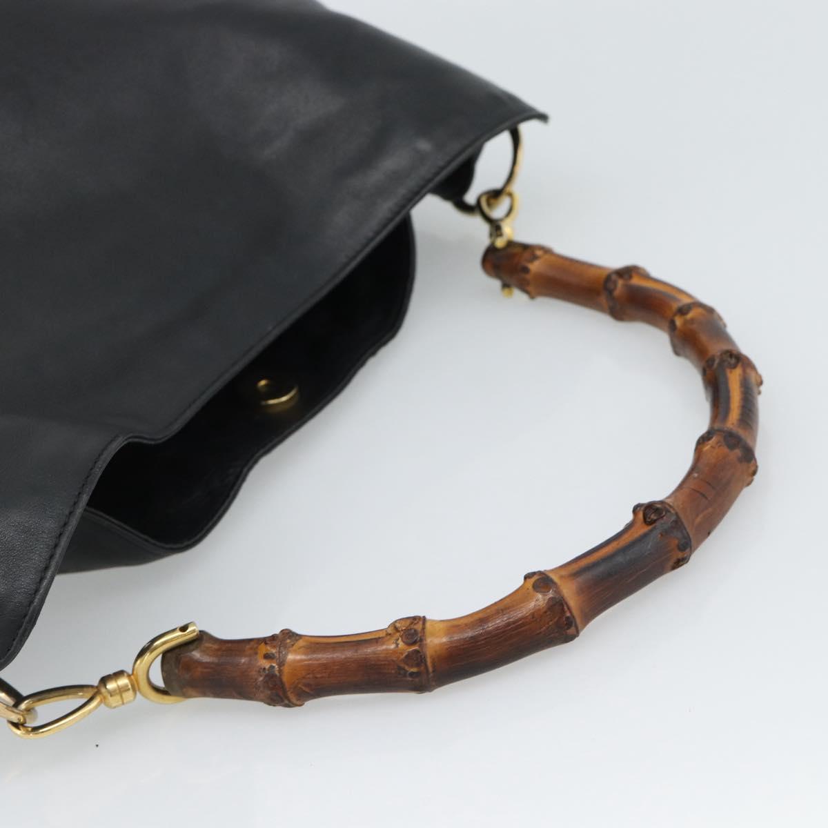 GUCCI Bamboo Hand Bag Leather Black Gold 001 1638 Auth 190594