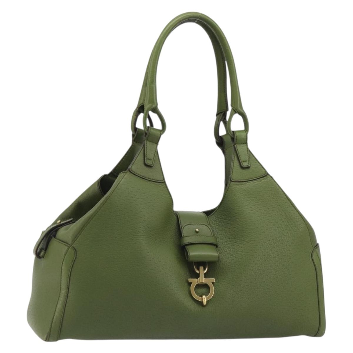 Salvatore Ferragamo Gancini Tote Bag Leather Green Gold Auth 190603A