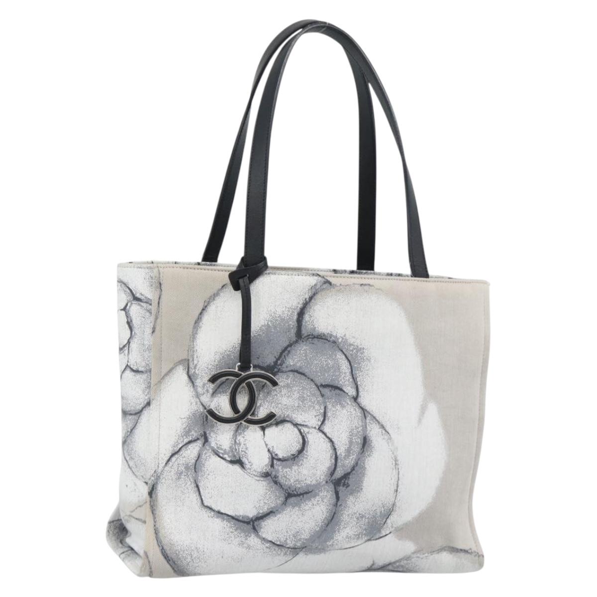 CHANEL Camelia Tote Bag Canvas White Silver CC Auth 190607V