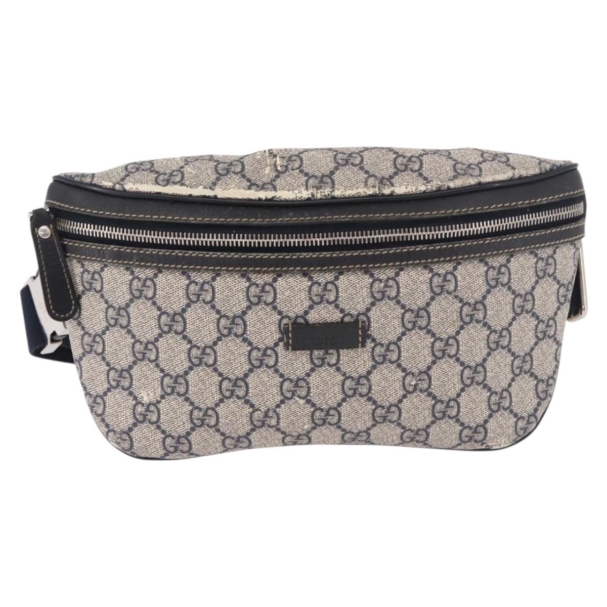 GUCCI GG Supreme Waist Bag PVC Navy Silver 233269 Auth 190610
