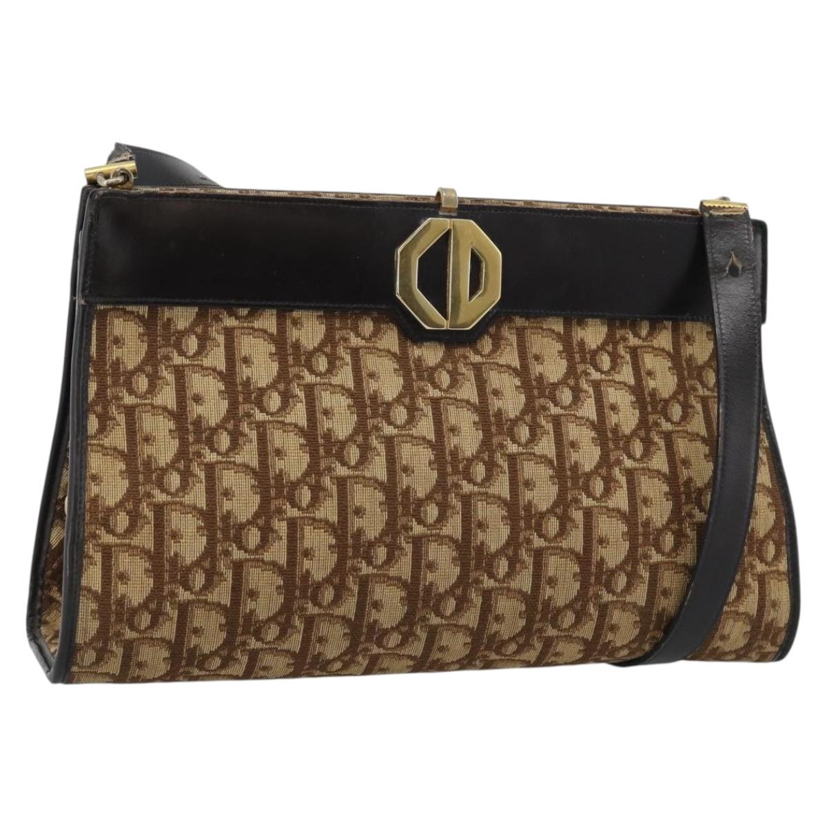 Christian Dior Trotter Canvas Shoulder Bag Beige Gold Auth 190611
