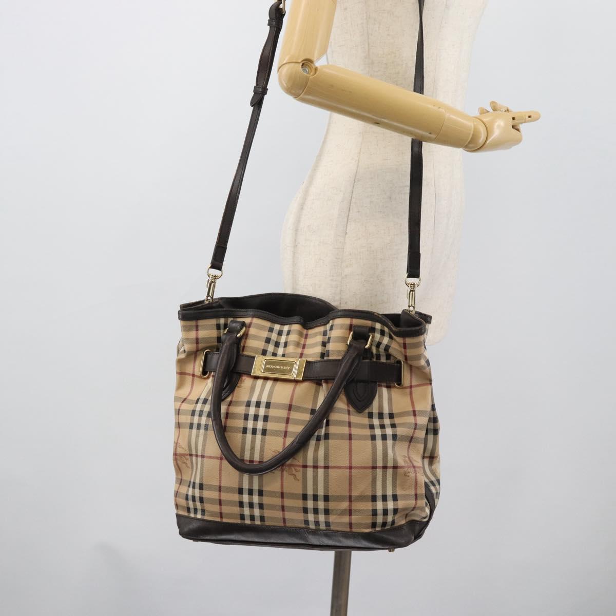 BURBERRY Nova Check Tote Bag PVC 2way Beige Gold Auth 190614