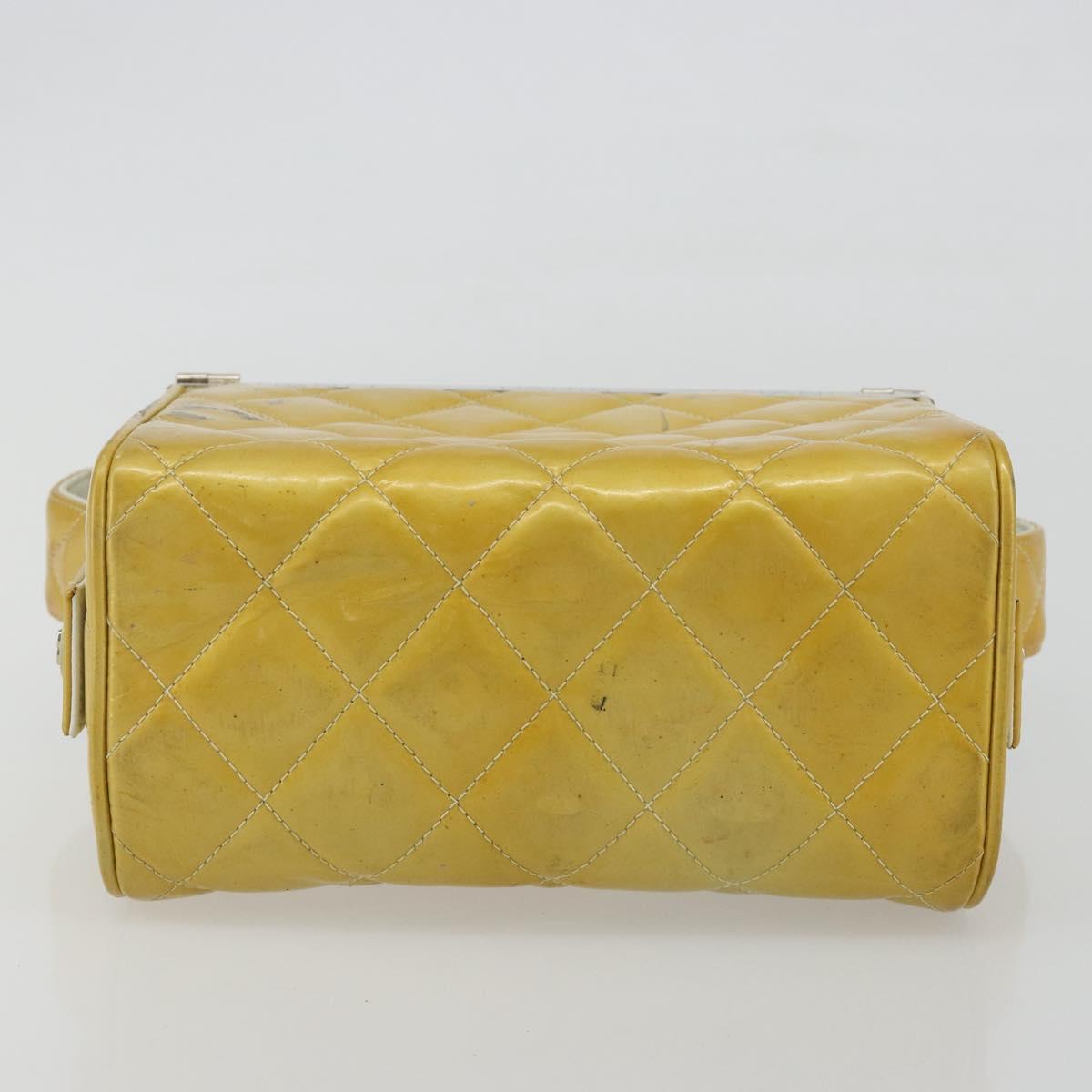 CHANEL Vanity Hand Bag Patent Leather Yellow Silver CC Auth 190628