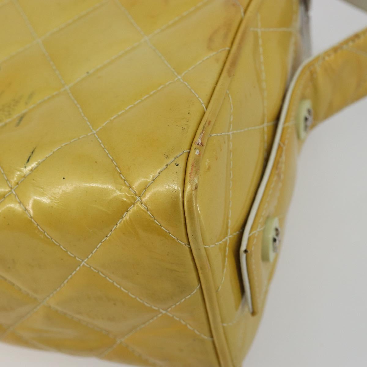 CHANEL Vanity Hand Bag Patent Leather Yellow Silver CC Auth 190628