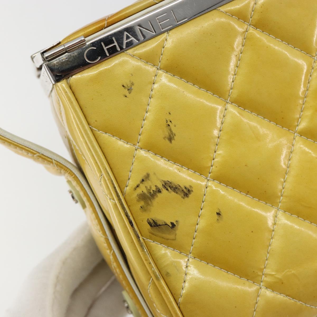 CHANEL Vanity Hand Bag Patent Leather Yellow Silver CC Auth 190628