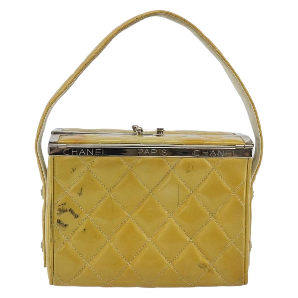 CHANEL Vanity Hand Bag Patent Leather Yellow Silver CC Auth 190628