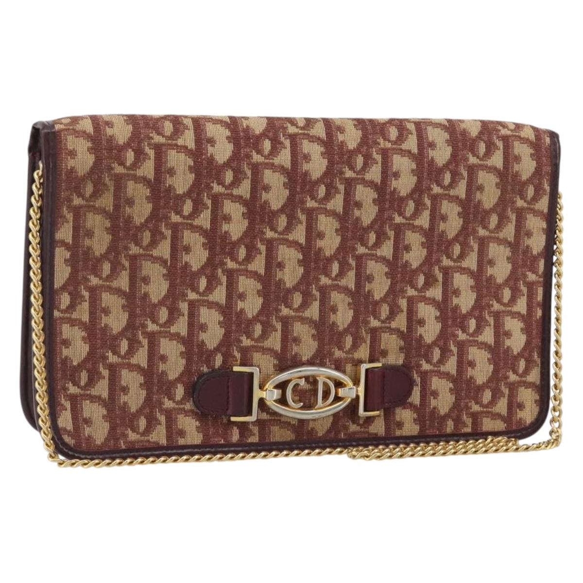 Christian Dior Trotter Canvas Chain Shoulder Bag Red Gold Auth 190630