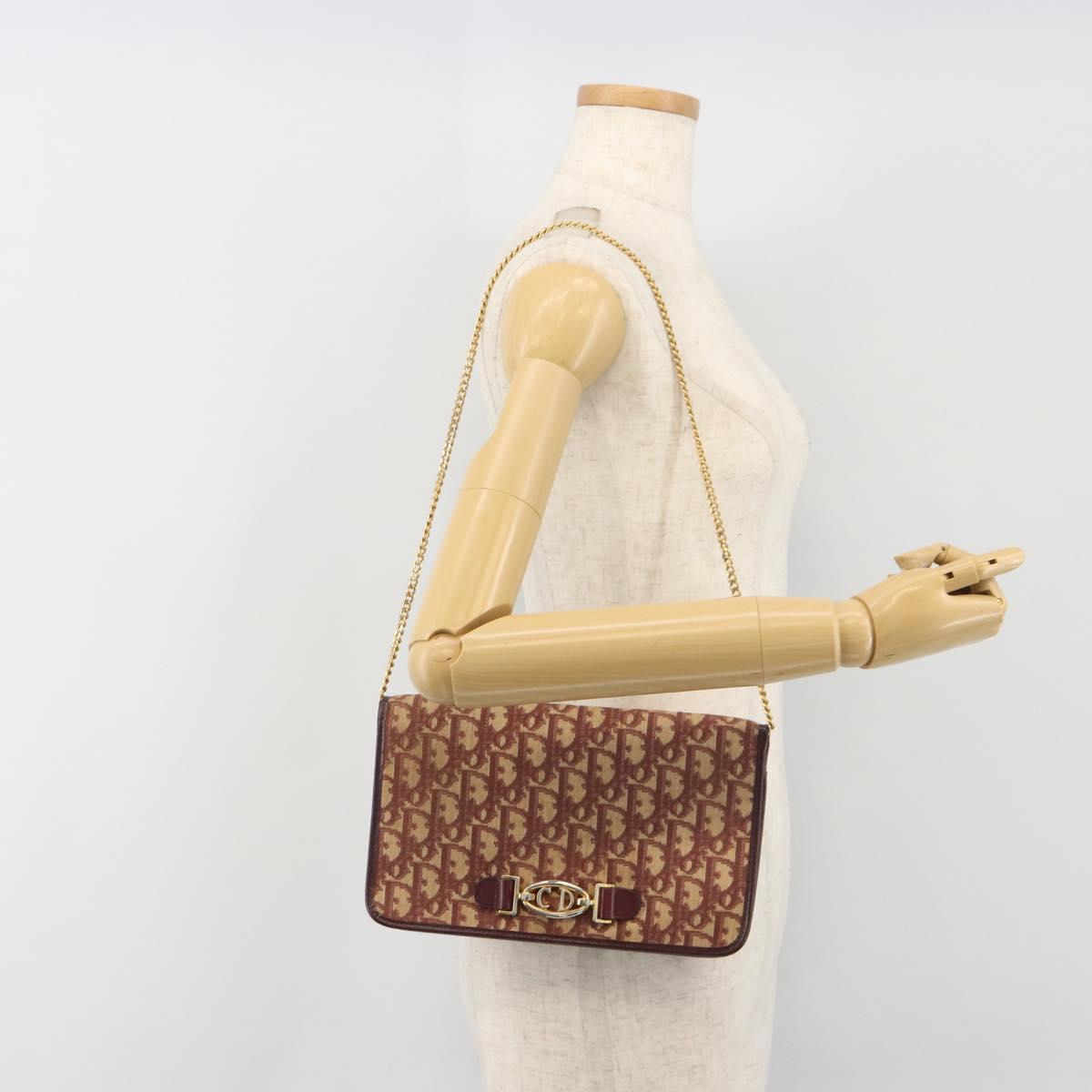 Christian Dior Trotter Canvas Chain Shoulder Bag Red Gold Auth 190630