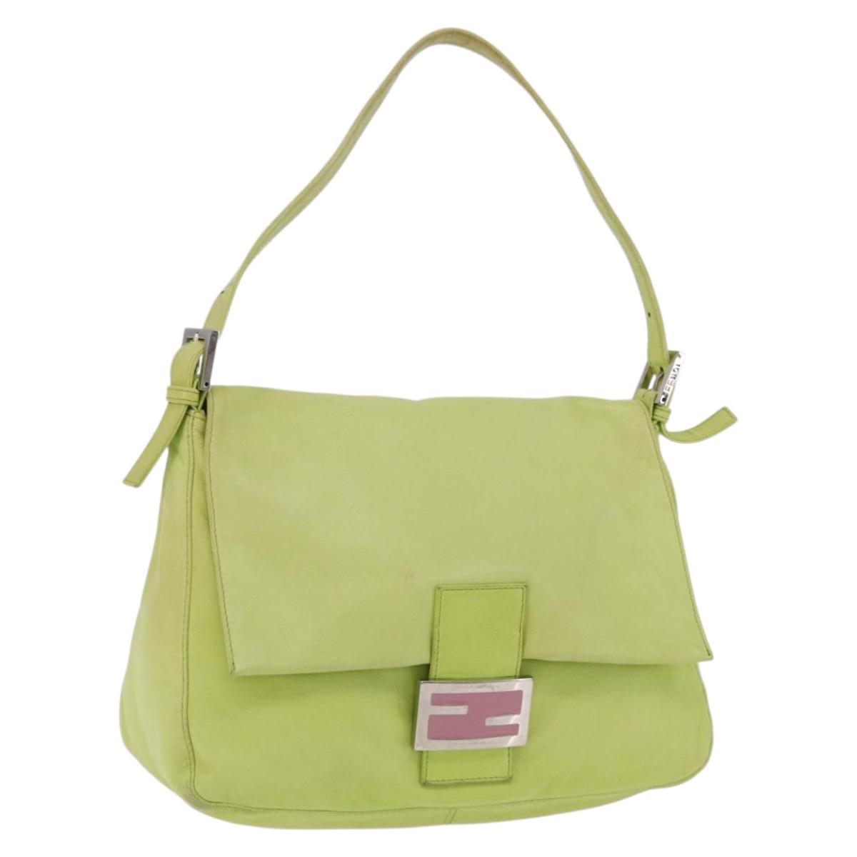 FENDI Mamma Baguette Shoulder Bag Leather Green Silver Auth 190637M