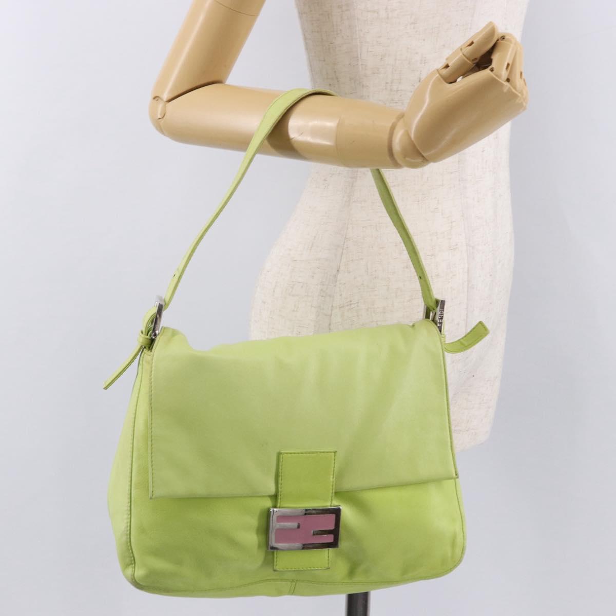 FENDI Mamma Baguette Shoulder Bag Leather Green Silver Auth 190637M