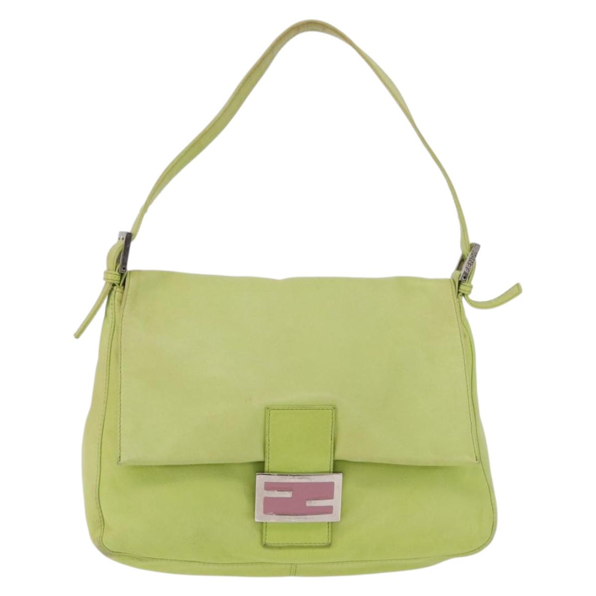 FENDI Mamma Baguette Shoulder Bag Leather Green Silver Auth 190637M