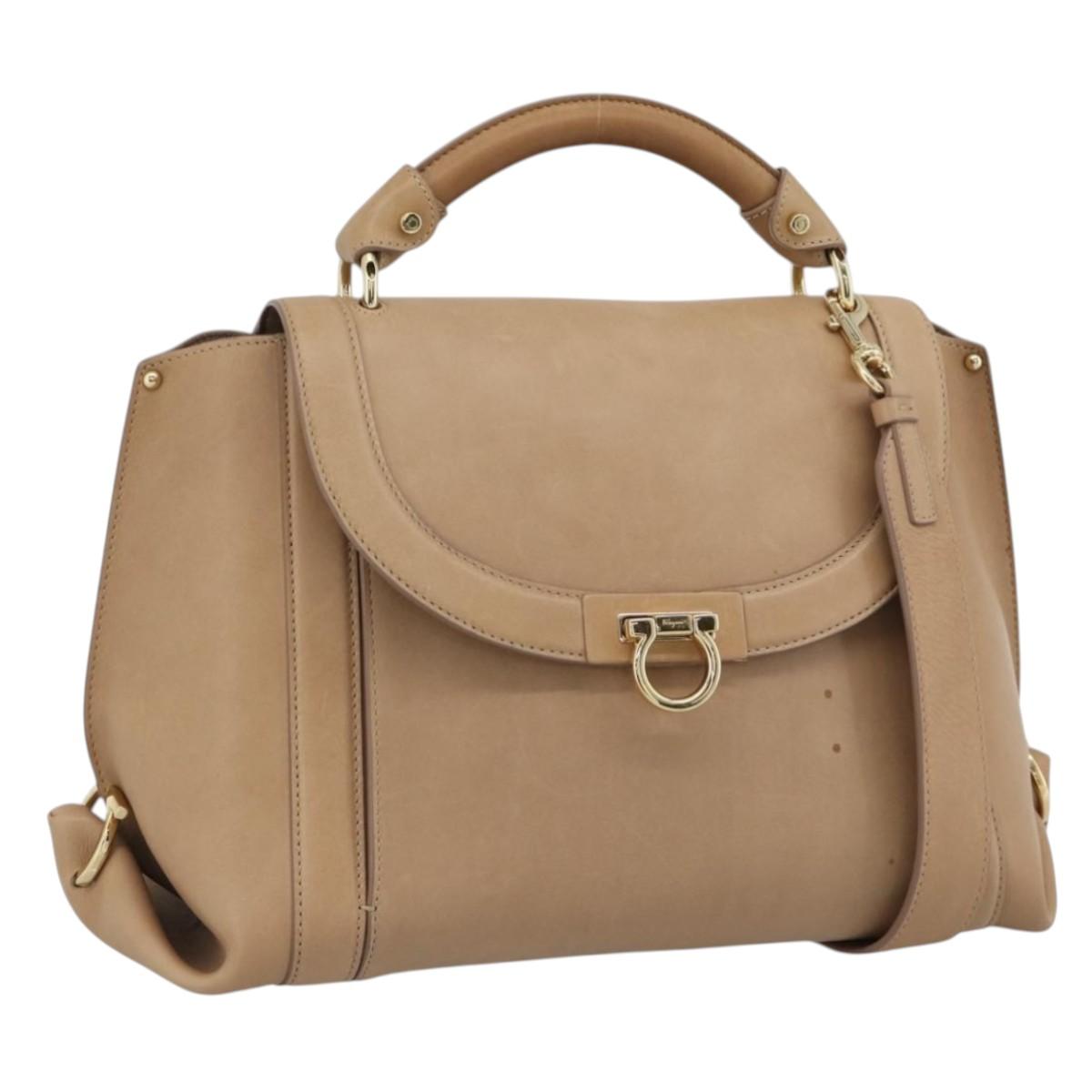 Salvatore Ferragamo Gancini Hand Bag Leather 2way Beige Gold Auth 190640