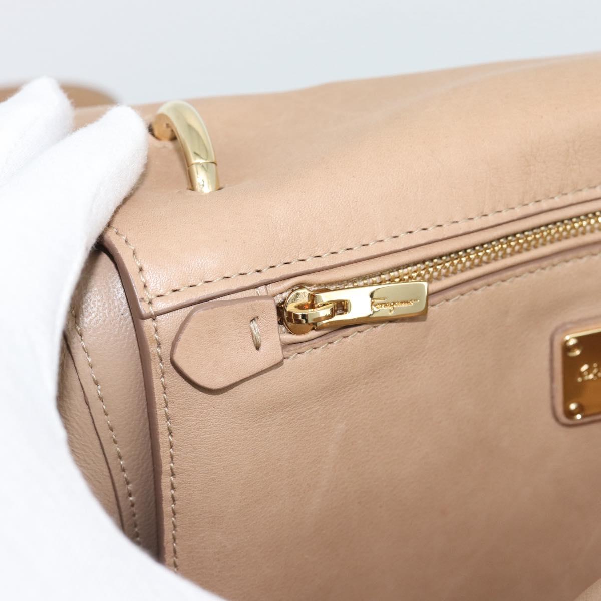 Salvatore Ferragamo Gancini Hand Bag Leather 2way Beige Gold Auth 190640