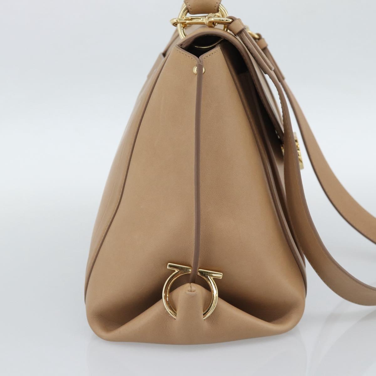 Salvatore Ferragamo Gancini Hand Bag Leather 2way Beige Gold Auth 190640