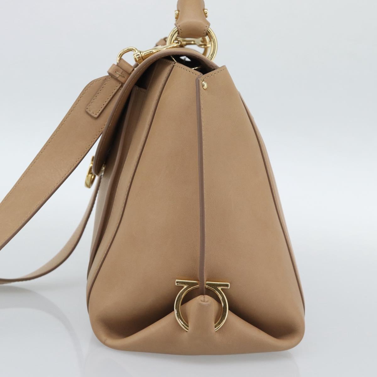 Salvatore Ferragamo Gancini Hand Bag Leather 2way Beige Gold Auth 190640