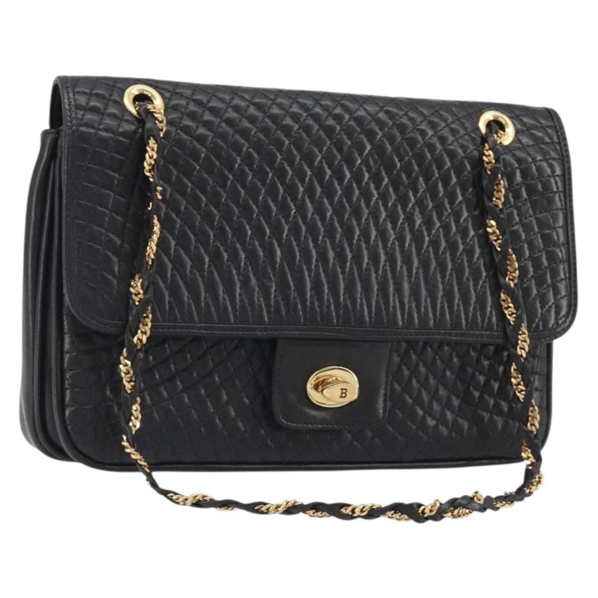 BALLY Chain Shoulder Bag Leather Black Gold Auth 190641A