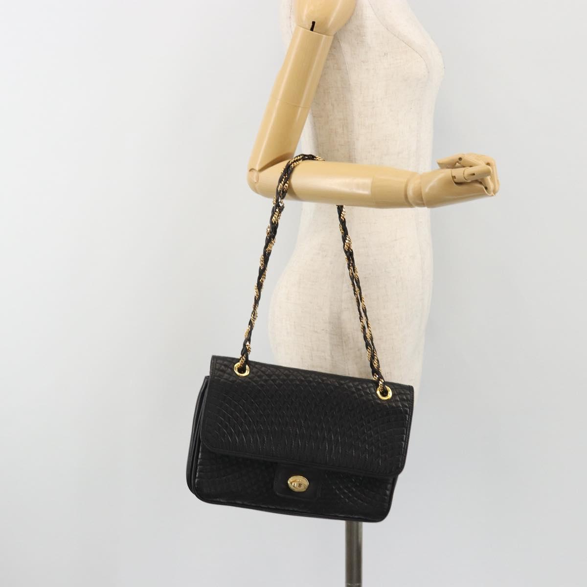 BALLY Chain Shoulder Bag Leather Black Gold Auth 190641A